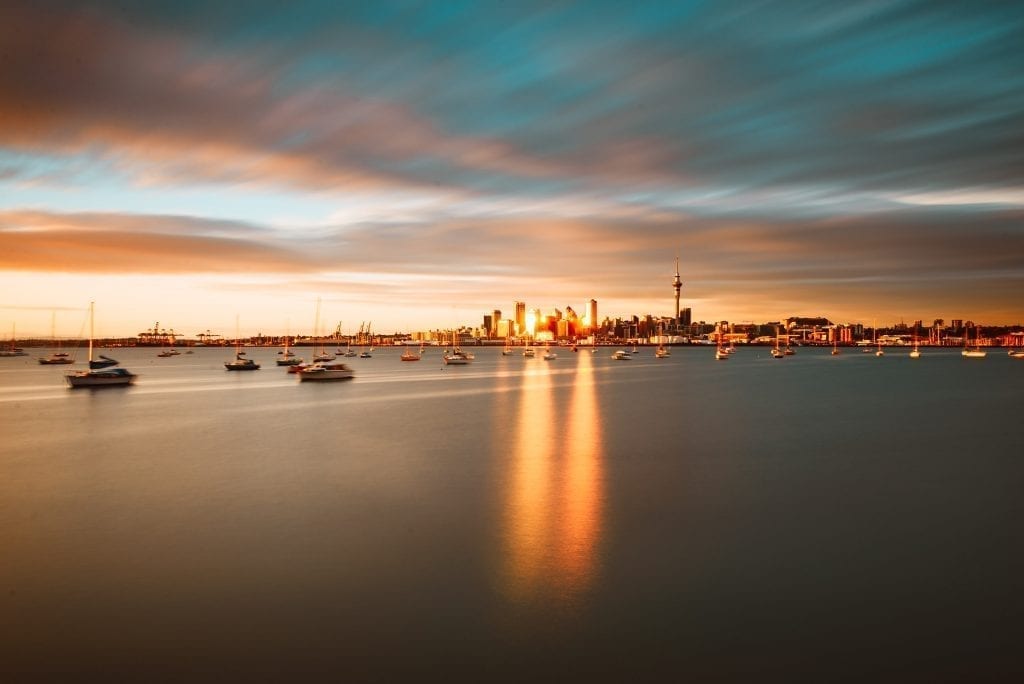 the sunrise reflecting off buildings in auckland city from sulphur point
