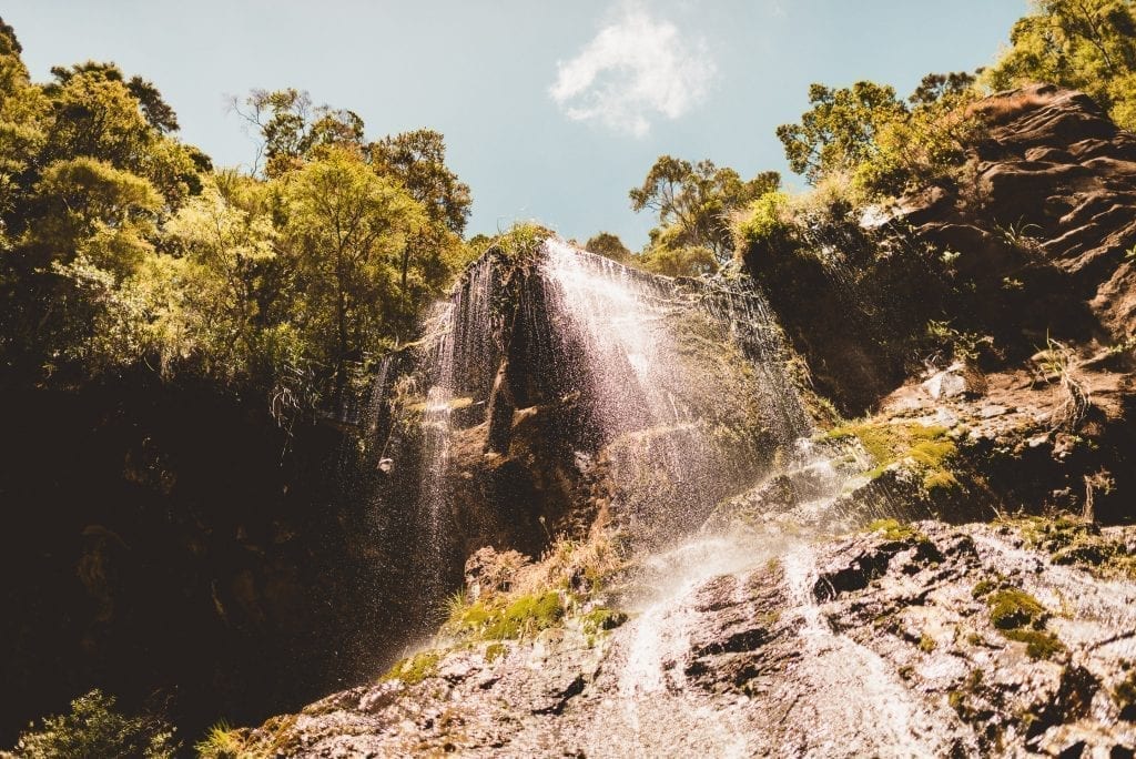 looking up at mokoroa falls from below