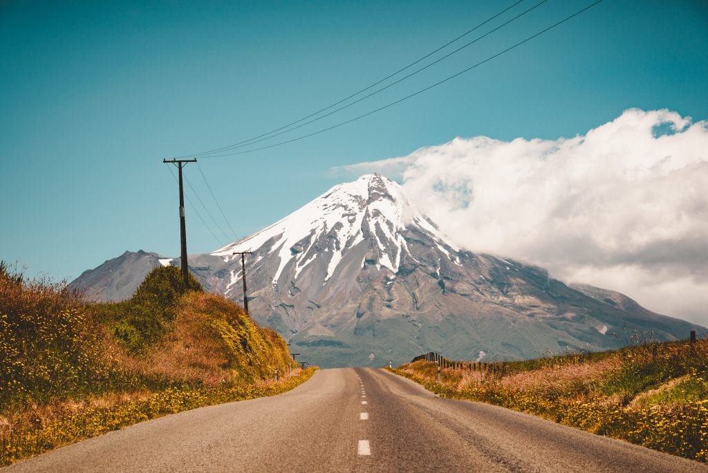 driving up pembroke road towards mount taranaki